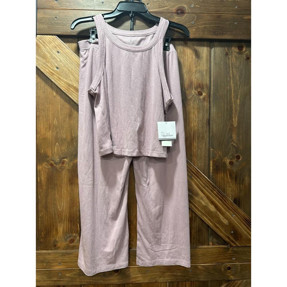 Roudelain 2-Pcs Set Solid Lavender Delicate White Trim Sleeveless Pajama Set L